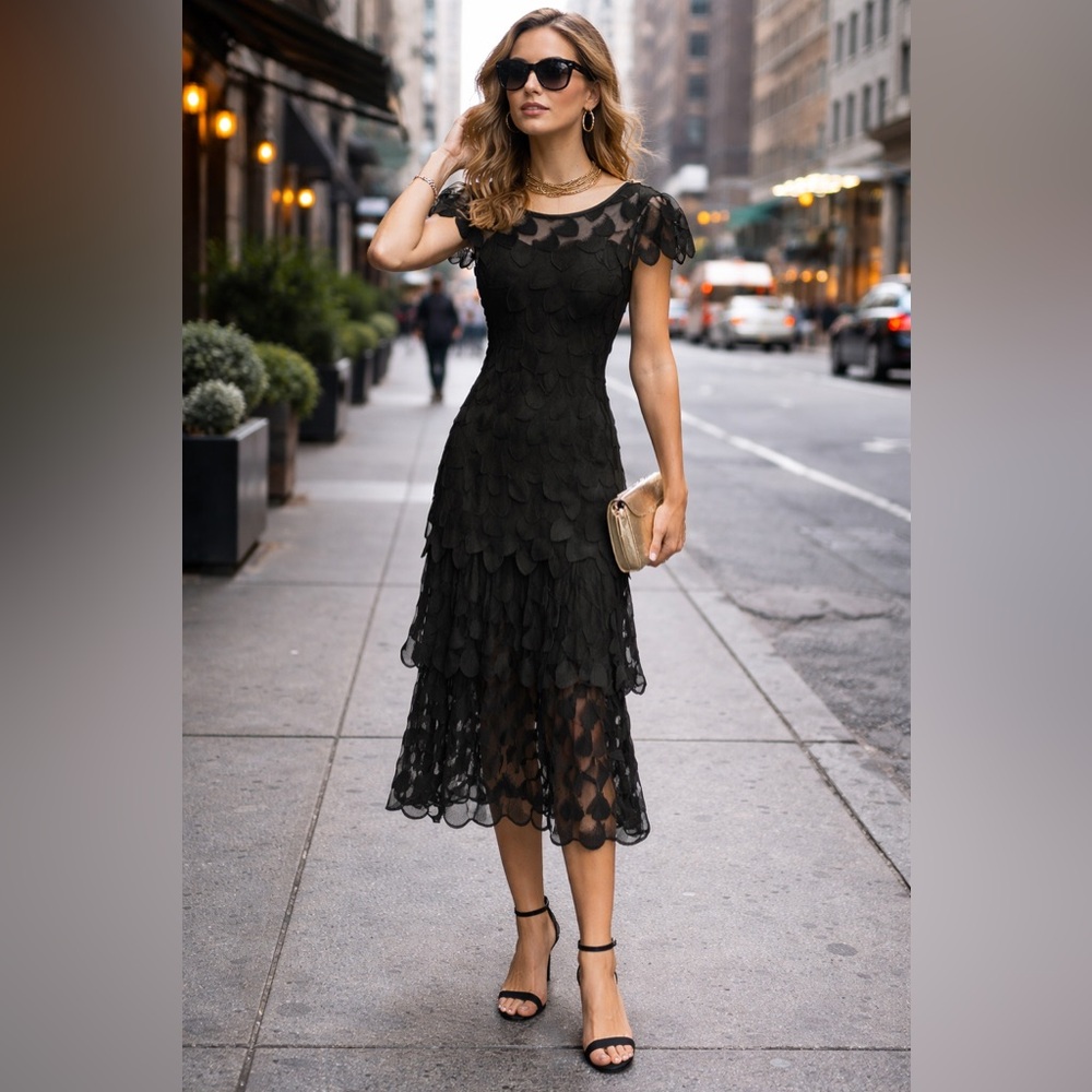 60’s Union THEMES Vintage Woman’s Black Sheer Mesh Layered Scales Dress 6